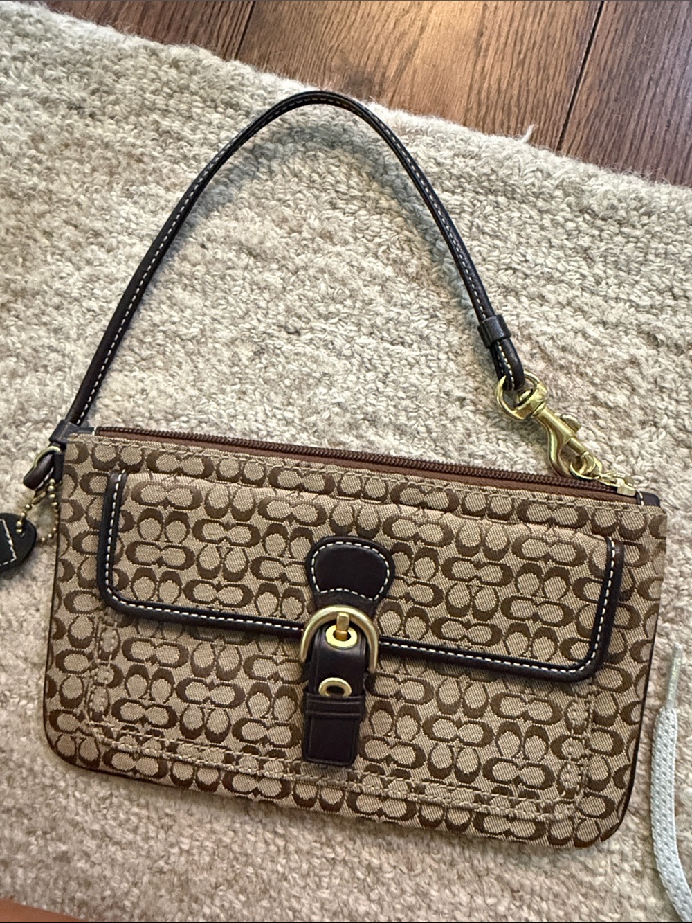 Coach Brown Signature Canvas Wristlet with Dark Brown Leather Trim